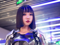 Humanoid robot Xiao Qi is having a dialogue with visitors during the event of Qixi, a traditional Chinese Valentine festival, at Long Zhi Mo...