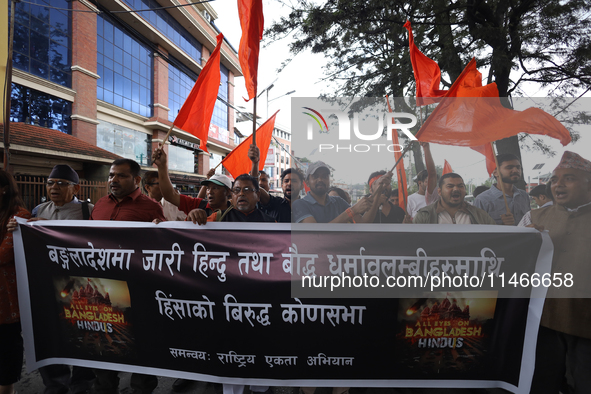 A group of Nepali Hindu demonstrators is staging a protest in Kathmandu, Nepal, on August 10, 2024, demanding protection of Hindu and Buddhi...