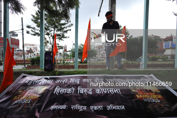 A group of Nepali Hindu demonstrators is staging a protest in Kathmandu, Nepal, on August 10, 2024, demanding protection of Hindu and Buddhi...