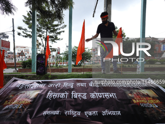 A group of Nepali Hindu demonstrators is staging a protest in Kathmandu, Nepal, on August 10, 2024, demanding protection of Hindu and Buddhi...