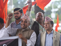 A group of Nepali Hindu demonstrators is staging a protest in Kathmandu, Nepal, on August 10, 2024, demanding protection of Hindu and Buddhi...