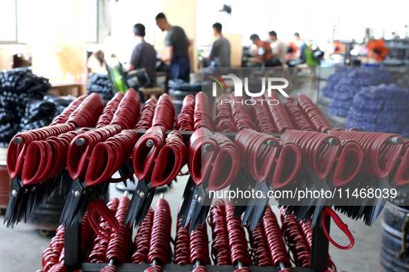 Workers of an enterprise are producing scissors on the production line at Yanshan Ocean Knife and Scissors Industrial Park in Zherong County...