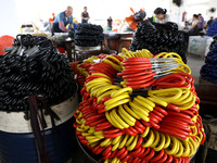 Workers of an enterprise are producing scissors on the production line at Yanshan Ocean Knife and Scissors Industrial Park in Zherong County...