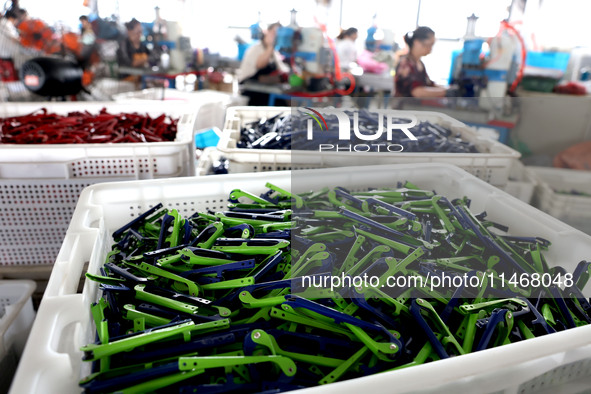 Workers of an enterprise are producing scissors on the production line at Yanshan Ocean Knife and Scissors Industrial Park in Zherong County...