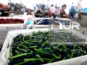 Workers of an enterprise are producing scissors on the production line at Yanshan Ocean Knife and Scissors Industrial Park in Zherong County...