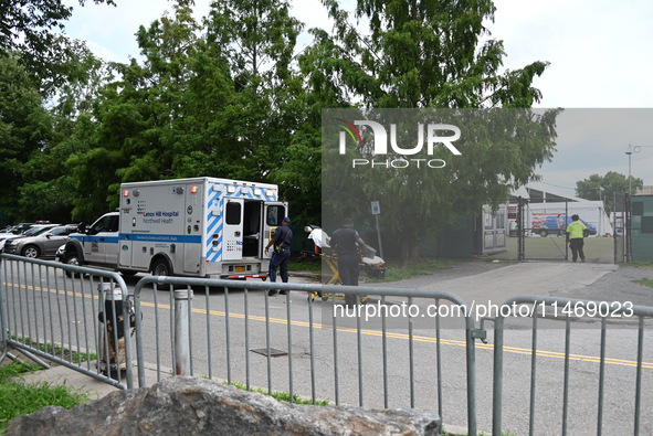 A male is being stabbed in the torso at Randall's Island Migrant Shelter in Manhattan, New York, United States, on August 11, 2024. At appro...