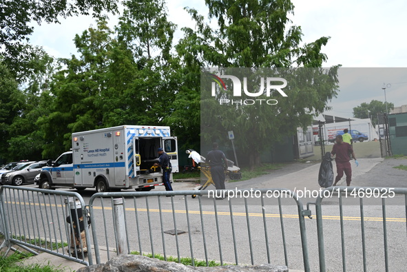 A male is being stabbed in the torso at Randall's Island Migrant Shelter in Manhattan, New York, United States, on August 11, 2024. At appro...