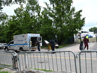 A male is being stabbed in the torso at Randall's Island Migrant Shelter in Manhattan, New York, United States, on August 11, 2024. At appro...