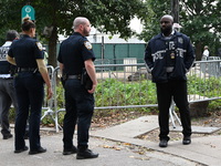 A male is being stabbed in the torso at Randall's Island Migrant Shelter in Manhattan, New York, United States, on August 11, 2024. At appro...