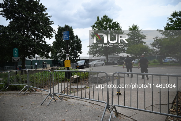 A male is being stabbed in the torso at Randall's Island Migrant Shelter in Manhattan, New York, United States, on August 11, 2024. At appro...