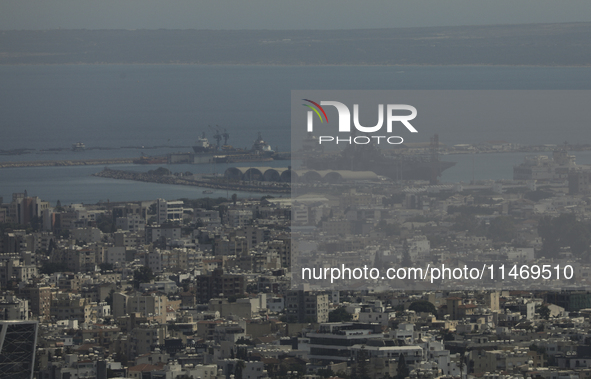 A view of the amphibious assault ship USS Wasp (LHD-1) as it is docked in Limassol port, amid rising tensions in the Middle East, in Limasso...