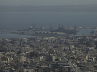 A view of the amphibious assault ship USS Wasp (LHD-1) as it is docked in Limassol port, amid rising tensions in the Middle East, in Limasso...