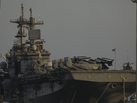 A view of the amphibious assault ship USS Wasp (LHD-1) as it is docked in Limassol port, amid rising tensions in the Middle East, in Limasso...