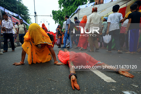 Hindu devotees are performing rituals as they take part in the annual religious 'Lakhi Pad Yatra' for the 'darshan' of Lord Kalyan, at Diggi...