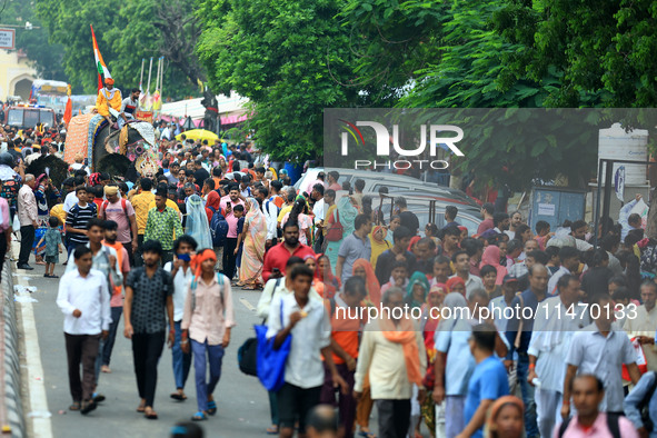 Hindu devotees are taking part in the annual religious 'Lakhi Pad Yatra' for the 'darshan' of Lord Kalyan, at Diggi Kalyan Ji temple in Jaip...