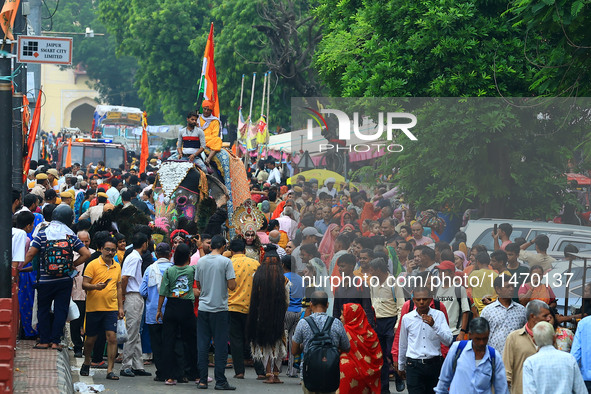 Hindu devotees are taking part in the annual religious 'Lakhi Pad Yatra' for the 'darshan' of Lord Kalyan, at Diggi Kalyan Ji temple in Jaip...