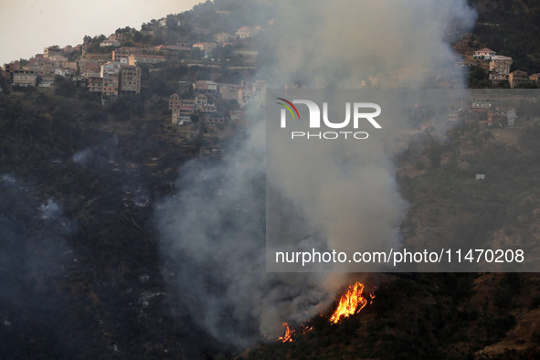 A forest fire is burning near the village of Larbaa Nath Reten, Tizi Ouzou, in the mountainous region of Kabyle, Algeria, on August 11, 2024...