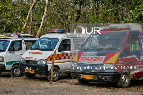 Ambulances are parking along the roadside in Haldwani, Uttarakhand, India, on April 23, 2024. 