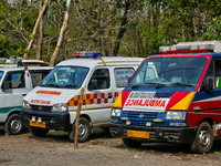 Ambulances are parking along the roadside in Haldwani, Uttarakhand, India, on April 23, 2024. (