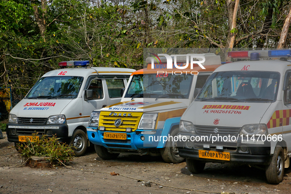 Ambulances are parking along the roadside in Haldwani, Uttarakhand, India, on April 23, 2024. 