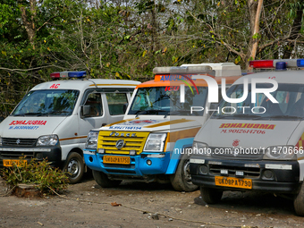 Ambulances are parking along the roadside in Haldwani, Uttarakhand, India, on April 23, 2024. (