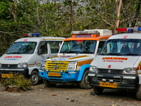 Ambulances are parking along the roadside in Haldwani, Uttarakhand, India, on April 23, 2024. (