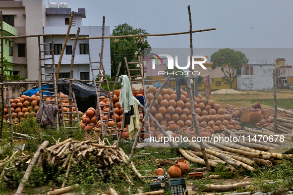 Clay pots are being sold at a small workshop in Haldwani, Uttarakhand, India, on April 23, 2024. 