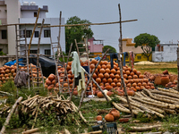 Clay pots are being sold at a small workshop in Haldwani, Uttarakhand, India, on April 23, 2024. (