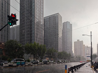 Heavy rainfall is occurring in Shanghai, China, on August 12, 2024. (