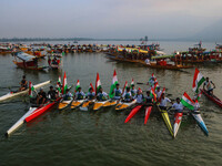 Participants are riding kayaks as they take part in the Tiranga Rally ahead of India's Independence Day celebrations in Srinagar, Jammu and...