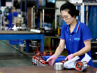 A worker is assembling water pump products at a production line in Ningde, China, on August 12, 2024. (