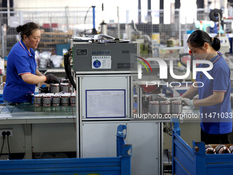 Workers are assembling water pump products at a production line in Ningde, China, on August 12, 2024. (