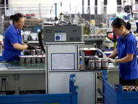 Workers are assembling water pump products at a production line in Ningde, China, on August 12, 2024. (