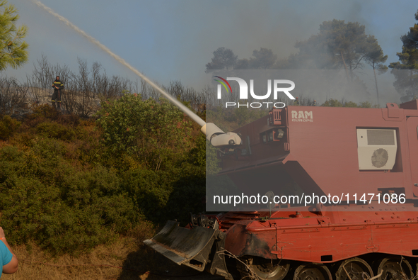 Firefighters are operating during a wildfire in Varnavas, north of Athens, on August 12, 2024. Greece is battling several wildfires on Augus...