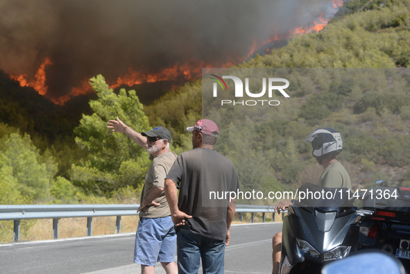 Pedestrians are looking at the fire in the forest during a wildfire in Varnavas, north of Athens, on August 12, 2024. Greece is battling sev...