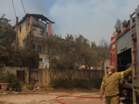 A house is burning in a wildfire in Varnavas, north of Athens, on August 12, 2024. Greece is battling several wildfires on August 11, with s...