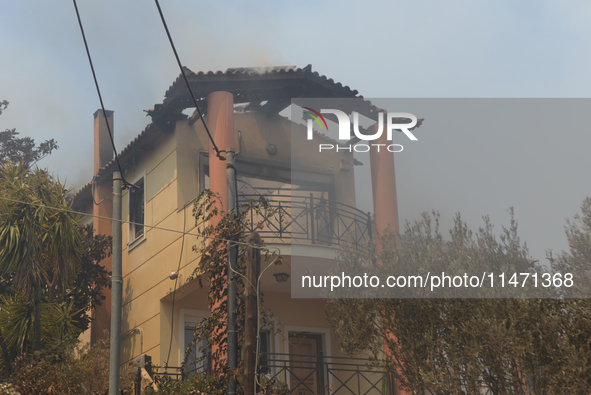 A house is burning in a wildfire in Varnavas, north of Athens, on August 12, 2024. Greece is battling several wildfires on August 11, with s...