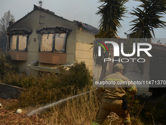 Firefighters are operating during a wildfire in Varnavas, north of Athens, on August 12, 2024. Greece is battling several wildfires on Augus...