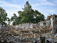 The ruins of the Myrnohrad Infectious Diseases Hospital, destroyed by a Russian FAB-500 bomb on July 27, 2024, are being pictured in Myrnohr...