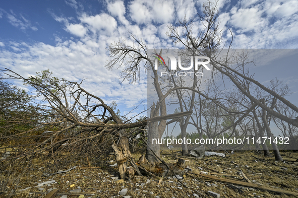 Trees are breaking by the shock wave near the Myrnohrad Infectious Diseases Hospital, which is destroyed by a Russian FAB-500 bomb on July 2...