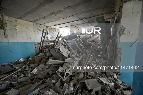 The ruins of the Myrnohrad Infectious Diseases Hospital, destroyed by a Russian FAB-500 bomb on July 27, 2024, are being pictured in Myrnohr...