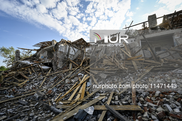 The ruins of the Myrnohrad Infectious Diseases Hospital, destroyed by a Russian FAB-500 bomb on July 27, 2024, are being pictured in Myrnohr...