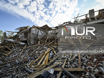 The ruins of the Myrnohrad Infectious Diseases Hospital, destroyed by a Russian FAB-500 bomb on July 27, 2024, are being pictured in Myrnohr...