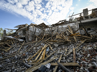 The ruins of the Myrnohrad Infectious Diseases Hospital, destroyed by a Russian FAB-500 bomb on July 27, 2024, are being pictured in Myrnohr...