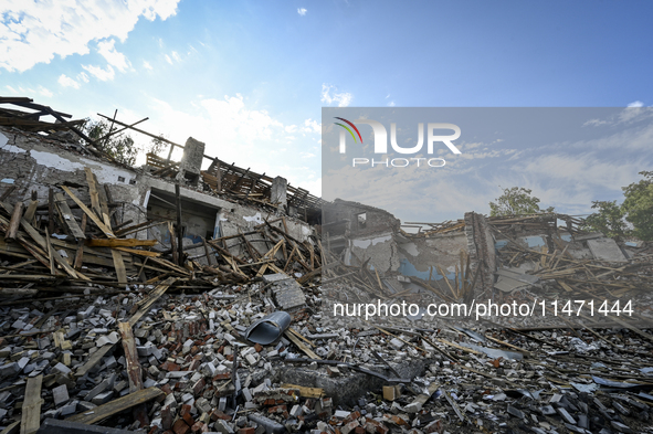 The ruins of the Myrnohrad Infectious Diseases Hospital, destroyed by a Russian FAB-500 bomb on July 27, 2024, are being pictured in Myrnohr...