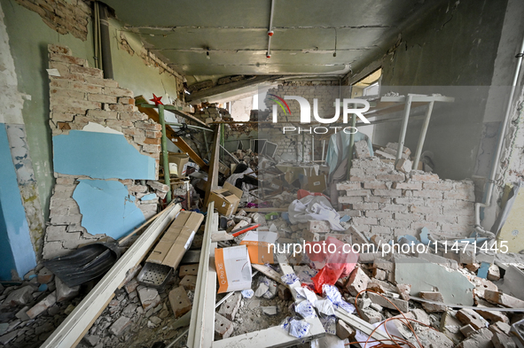 The ruins of the Myrnohrad Infectious Diseases Hospital, destroyed by a Russian FAB-500 bomb on July 27, 2024, are being pictured in Myrnohr...