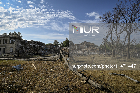 The ruins of the Myrnohrad Infectious Diseases Hospital, destroyed by a Russian FAB-500 bomb on July 27, 2024, are being pictured in Myrnohr...