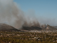 Severe wildfires are erupting across Attica, Greece, fueled by extreme heat, drought, and high winds in Neos Voutzas, Attica, Greece, on Aug...