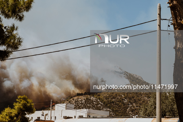 Severe wildfires are erupting across Attica, Greece, fueled by extreme heat, drought, and high winds since Sunday, in Nea Makri, Attica, Gre...