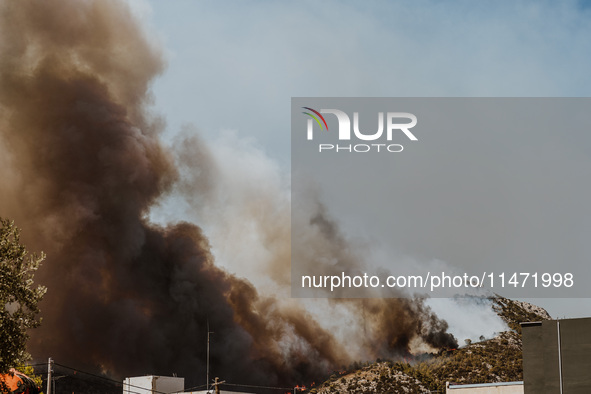 Severe wildfires are erupting across Attica, Greece, fueled by extreme heat, drought, and high winds since Sunday, in Nea Makri, Attica, Gre...